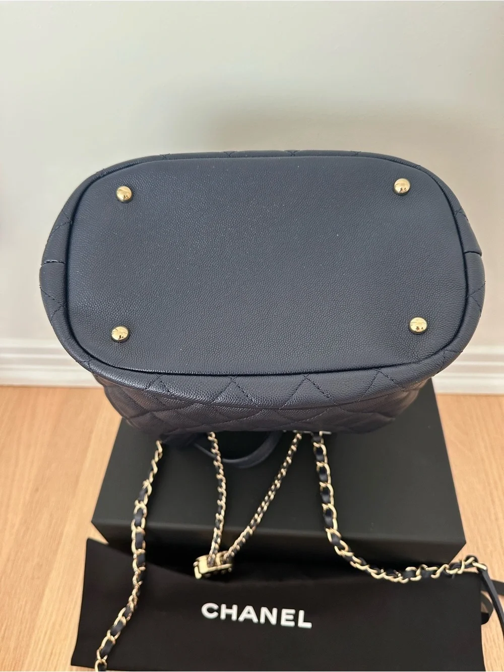 Chanel Navy Quilted Caviar Drawstring Bucket Bag- Gold Hardware/2019